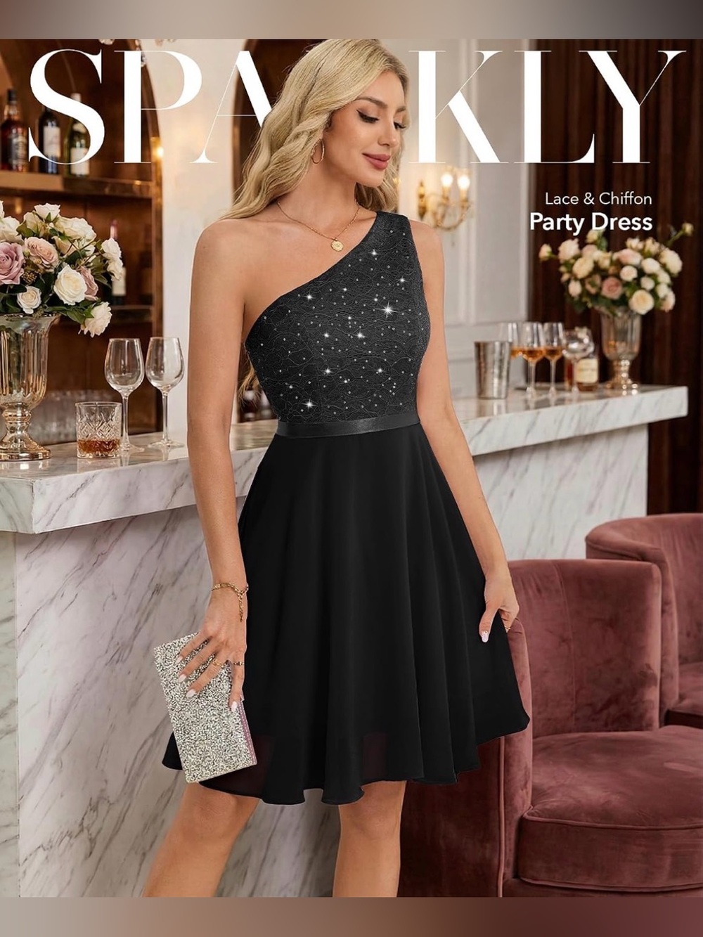 New various sizes homecoming One-Shoulder sparkle, chiffon Black Party Dress